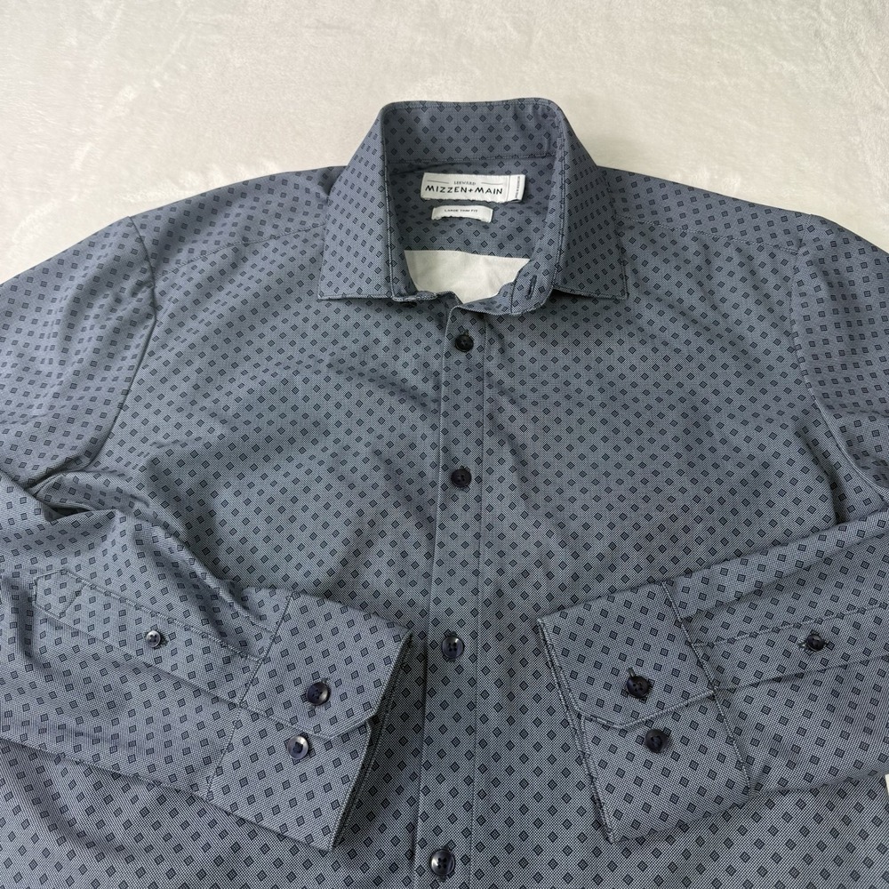 Mizzen +‎ Main Shirt Mens Large Trim Fit Blue Leeward Diamond AOP Dress Stretch